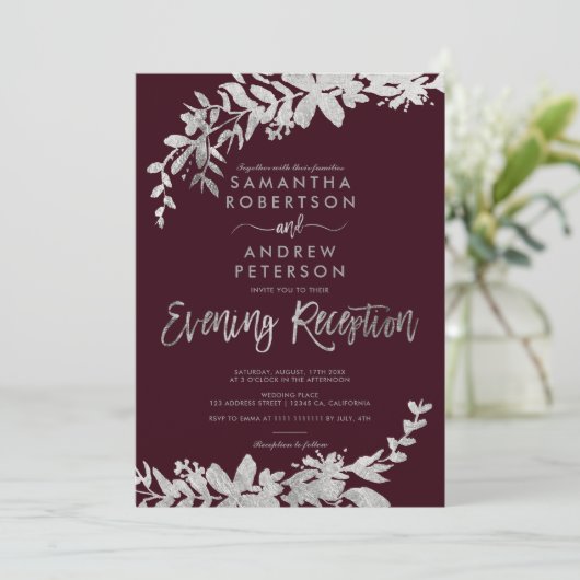 SIlver script floral burgundy-ontvangst Kaart (Staand voorkant)