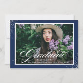 Silver Script Glitter Navy Blue Photo Afstuderen Kaart (Voorkant)