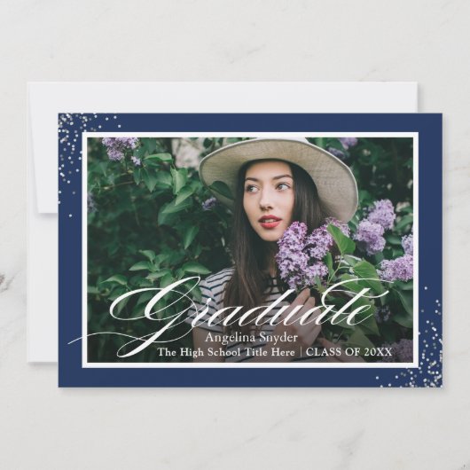 Silver Script Glitter Navy Blue Photo Afstuderen Kaart (Voorkant)
