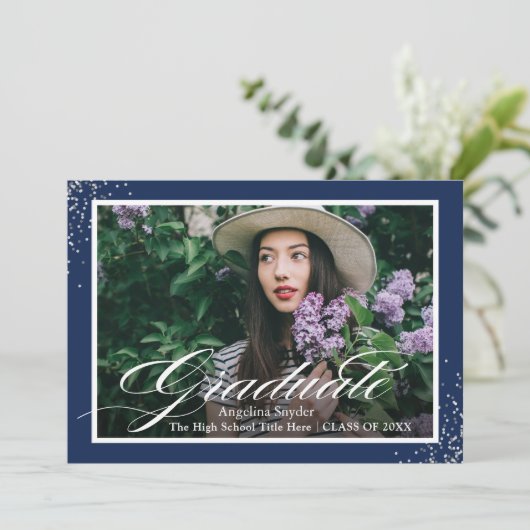 Silver Script Glitter Navy Blue Photo Afstuderen Kaart (Staand voorkant)