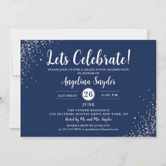 Silver Script Glitter Navy Blue Photo Afstuderen Kaart (Achterkant)