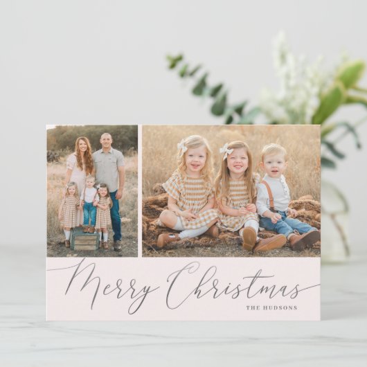 Silver Script Merry kerst Elegant 2 foto Feestdagenkaart (Staand voorkant)