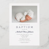 Silver Script Modern Gray Photo Boy Baptisme Folie Uitnodiging (Voorkant)