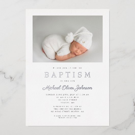 Silver Script Modern Gray Photo Boy Baptisme Folie Uitnodiging (Voorkant)