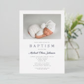 Silver Script Modern Gray Photo Boy Baptisme Folie Uitnodiging (Staand Voorkant)