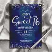 Silver Script Navy Waterverf Sweet 16 Verjaardag Kaart