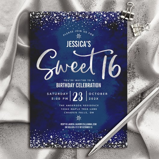 Silver Script Navy Waterverf Sweet 16 Verjaardag Kaart