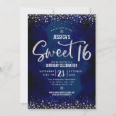 Silver Script Navy Waterverf Sweet 16 Verjaardag Kaart (Voorkant)