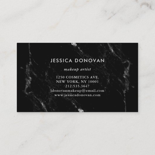 Silver Script op zwarte marmer | Makeup Visitekaartje (Achterkant)