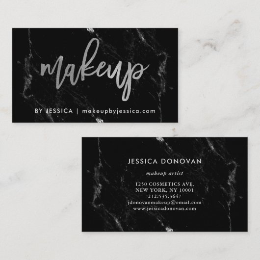 Silver Script op zwarte marmer | Makeup Visitekaartje (Voorkant / Achterkant)