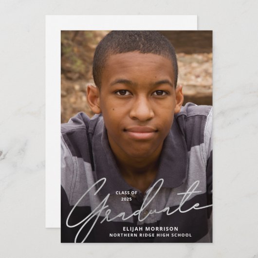 Silver Script Overlay Photo Graduparty Kaart (Voorkant / Achterkant)