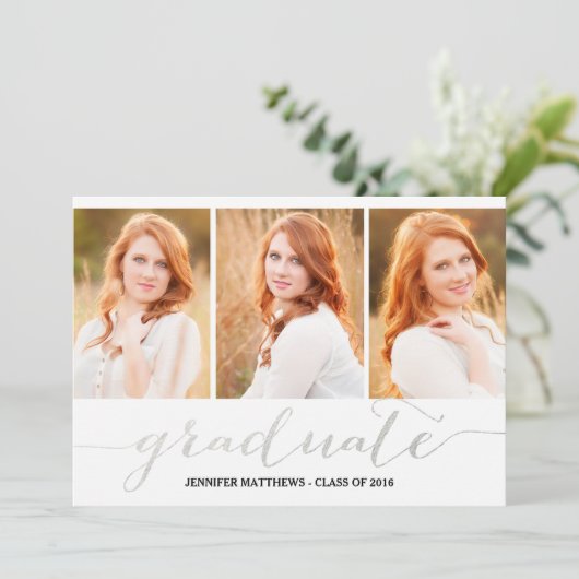 Silver Script Photo Collage | afstudeerfeest Kaart (Staand voorkant)