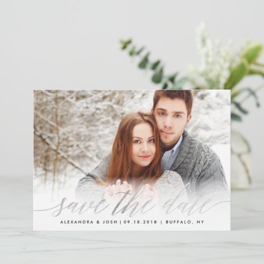 Silver Script Photo Save the Date in Faux Foil (Staand voorkant)