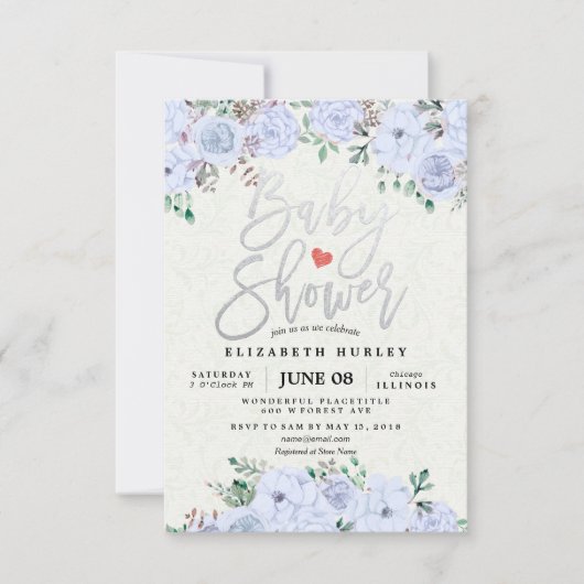 Silver Script Waterverf Floral Baby shower Uitnodi Kaart (Voorkant)