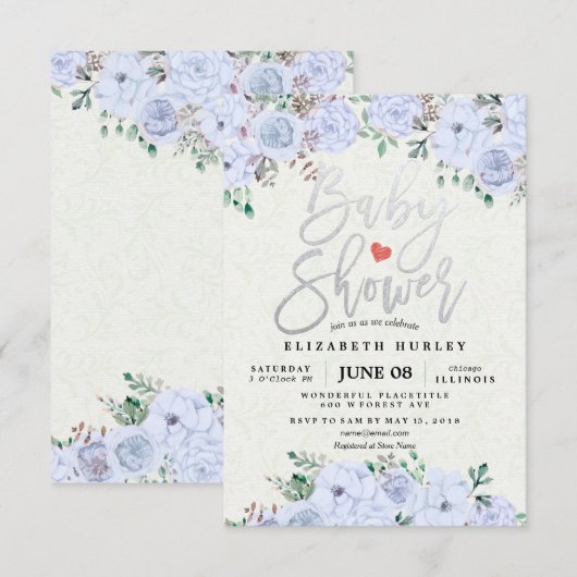 Silver Script Waterverf Floral Baby shower Uitnodi Kaart (Voorkant / Achterkant)