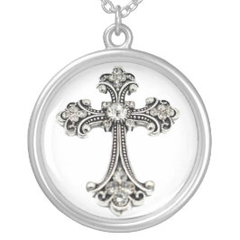 Silver Scroll Diamonds Cross Ketting