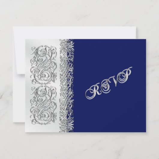 Silver Scroll met Navy Reply Card RSVP Kaartje (Voorkant)