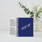Silver Scroll met Navy Reply Card RSVP Kaartje (Staand voorkant)