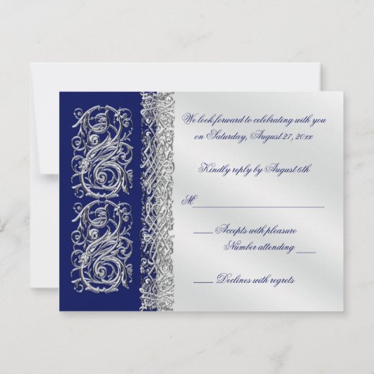  Silver Scroll met Navy Reply Card RSVP Kaartje (Achterkant)