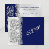 Silver Scroll met Navy Reply Card RSVP Kaartje (Voorkant / Achterkant)