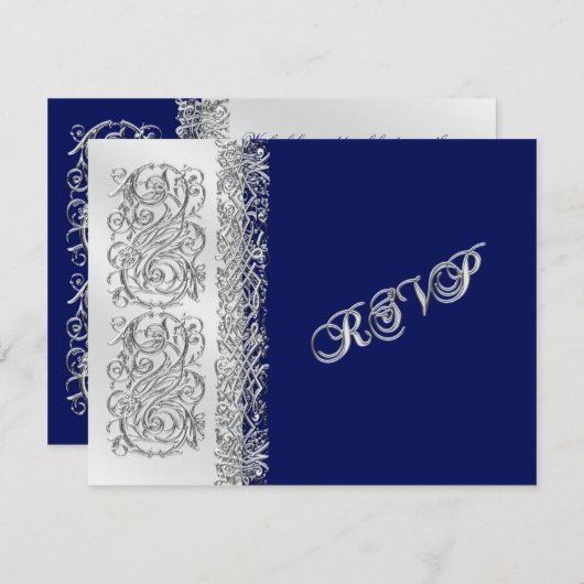 Silver Scroll met Navy Reply Card RSVP Kaartje (Voorkant / Achterkant)