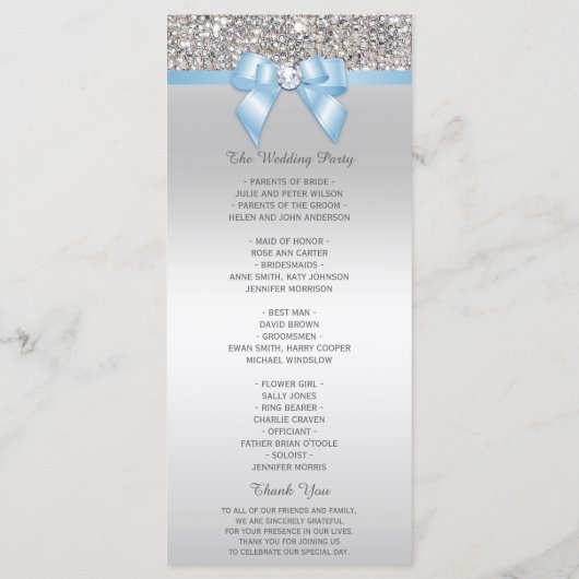 Silver Sequin Baby Blue Bow Wedding Programma Programmakaart (Achterkant)