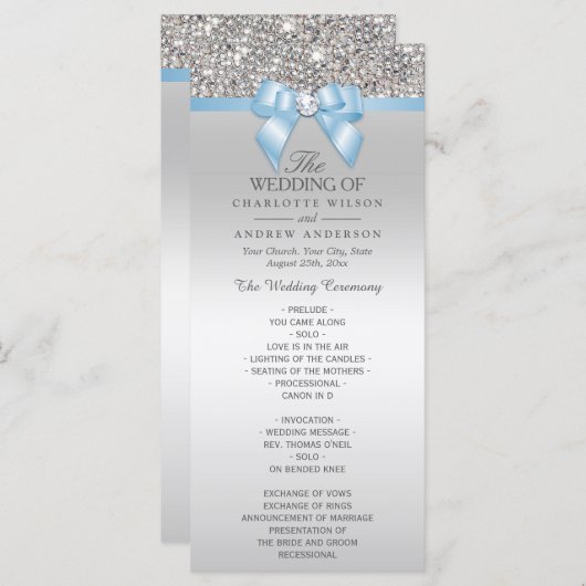 Silver Sequin Baby Blue Bow Wedding Programma Programmakaart (Voorkant / Achterkant)