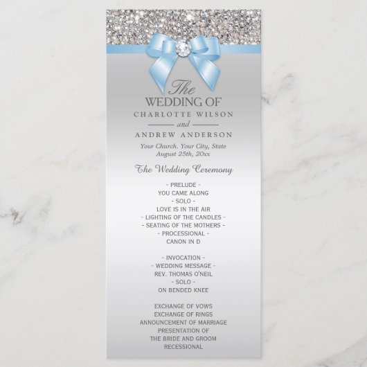 Silver Sequin Baby Blue Bow Wedding Programma Programmakaart (Voorkant)