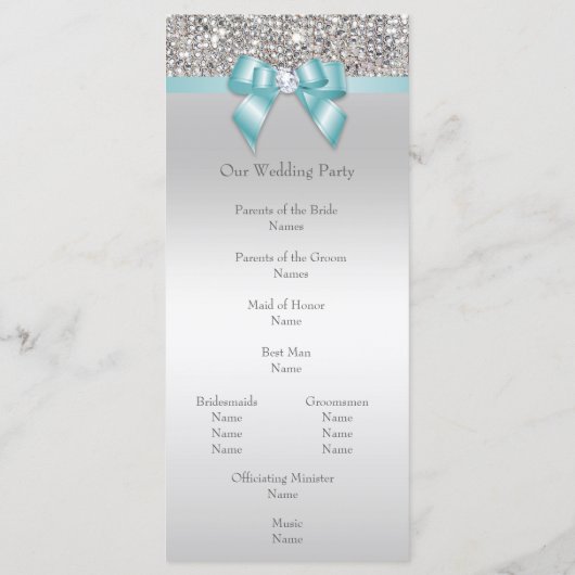 Silver Sequin Blauwgroen Bow Wedding Programma Programmakaart (Achterkant)