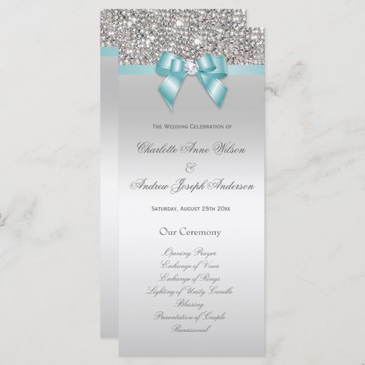 Silver Sequin Blauwgroen Bow Wedding Programma Programmakaart (Voorkant / Achterkant)