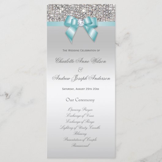 Silver Sequin Blauwgroen Bow Wedding Programma Programmakaart (Voorkant)