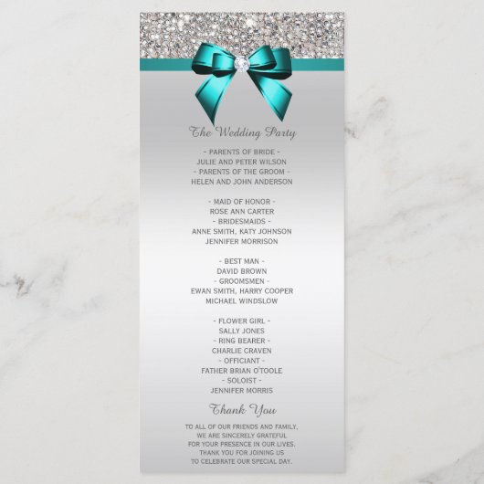 Silver Sequin Blauwgroen Diamond Bow Wedding Progr Programmakaart (Achterkant)