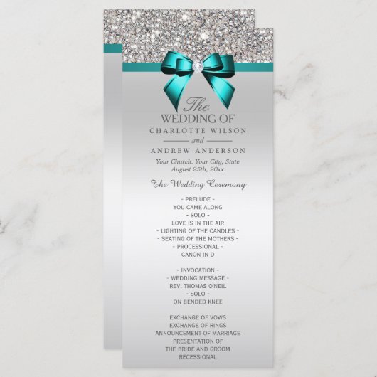 Silver Sequin Blauwgroen Diamond Bow Wedding Progr Programmakaart (Voorkant / Achterkant)