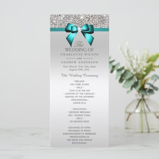 Silver Sequin Blauwgroen Diamond Bow Wedding Progr Programmakaart (Staand voorkant)