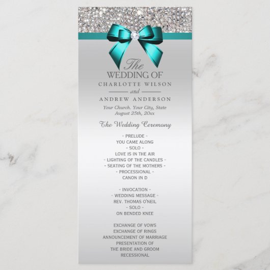 Silver Sequin Blauwgroen Diamond Bow Wedding Progr Programmakaart (Voorkant)