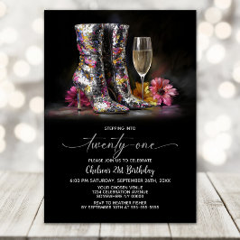 Silver Sequin Boots 21st Birthday Party Kaart