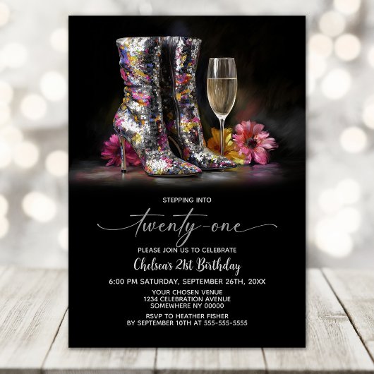 Silver Sequin Boots 21st Birthday Party Kaart