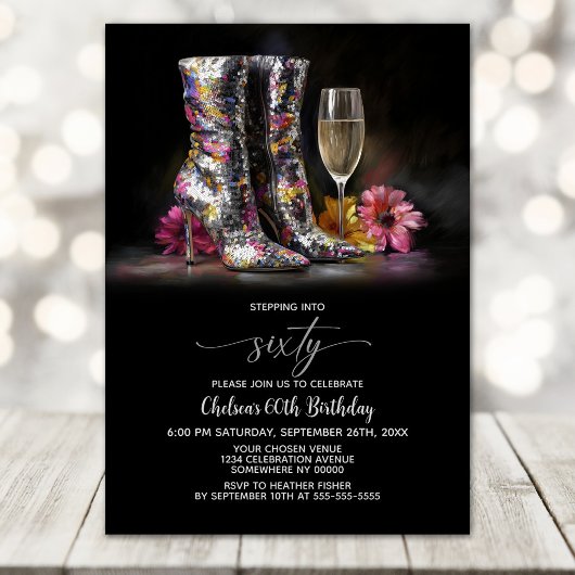 Silver Sequin Boots 60th Birthday Party Kaart