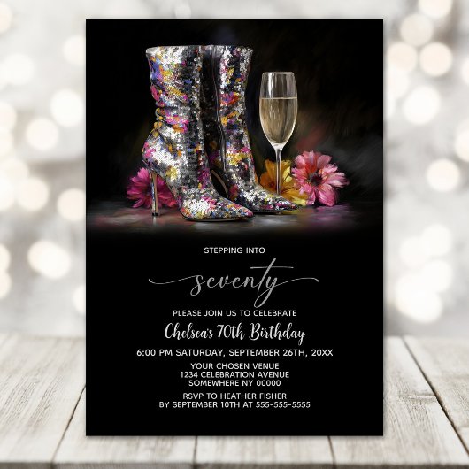 Silver Sequin Boots 70th Birthday Party Kaart