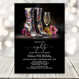 Silver Sequin Boots 80th Birthday Party Kaart
