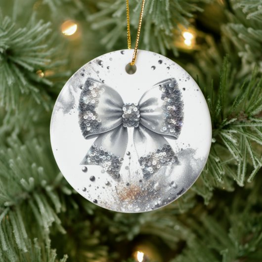 Silver Sequin Bow Glam Radiance Keramisch Ornament (Boom)