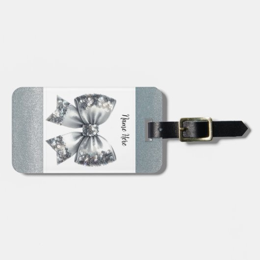 Silver Sequin Bow Silver Glitter Bagagelabel (Voorkant horizontaal)