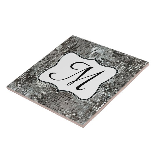 Silver Sequin Dazzle Glitz Monogram Display Tile Tegeltje (Zijkant)