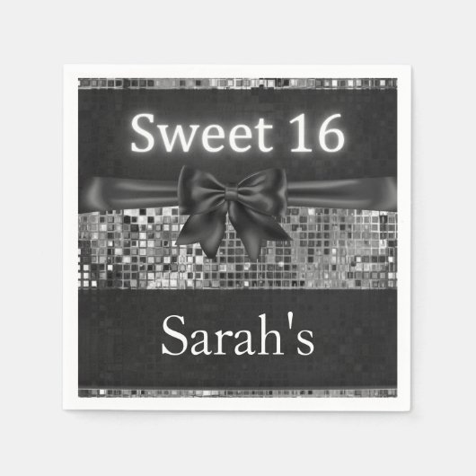 Silver Sequin en Black Bow Sweet 16 servetten (Voorkant)