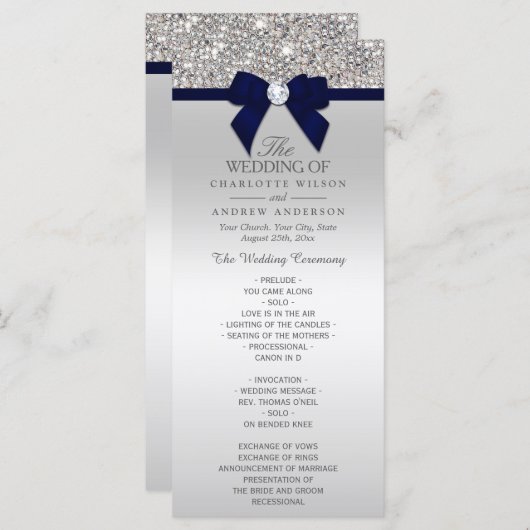 Silver Sequin Navy Blue Bow Wedding Program Programmakaart (Voorkant / Achterkant)