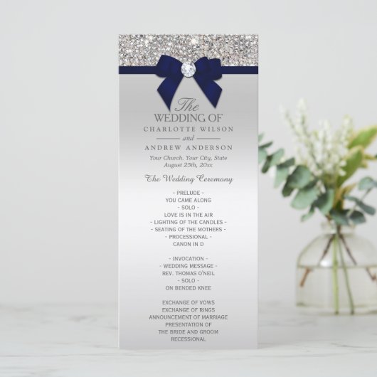 Silver Sequin Navy Blue Bow Wedding Program Programmakaart (Staand voorkant)