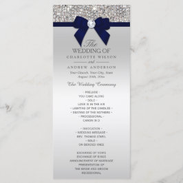 Silver Sequin Navy Blue Bow Wedding Program Programmakaart