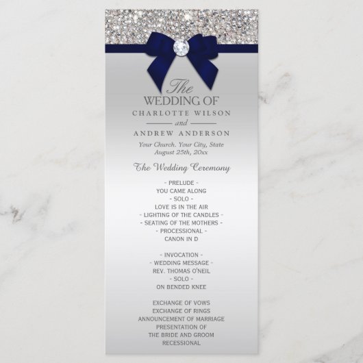 Silver Sequin Navy Blue Bow Wedding Program Programmakaart (Voorkant)