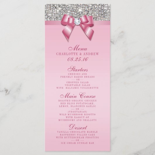 Silver Sequin Pink Bow Wedding Collectie Menu (Voorkant)