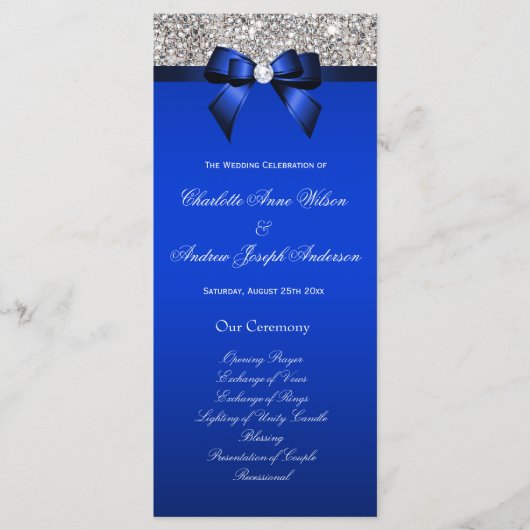 Silver Sequin Royal Blue Bow Wedding Program Programmakaart (Voorkant)